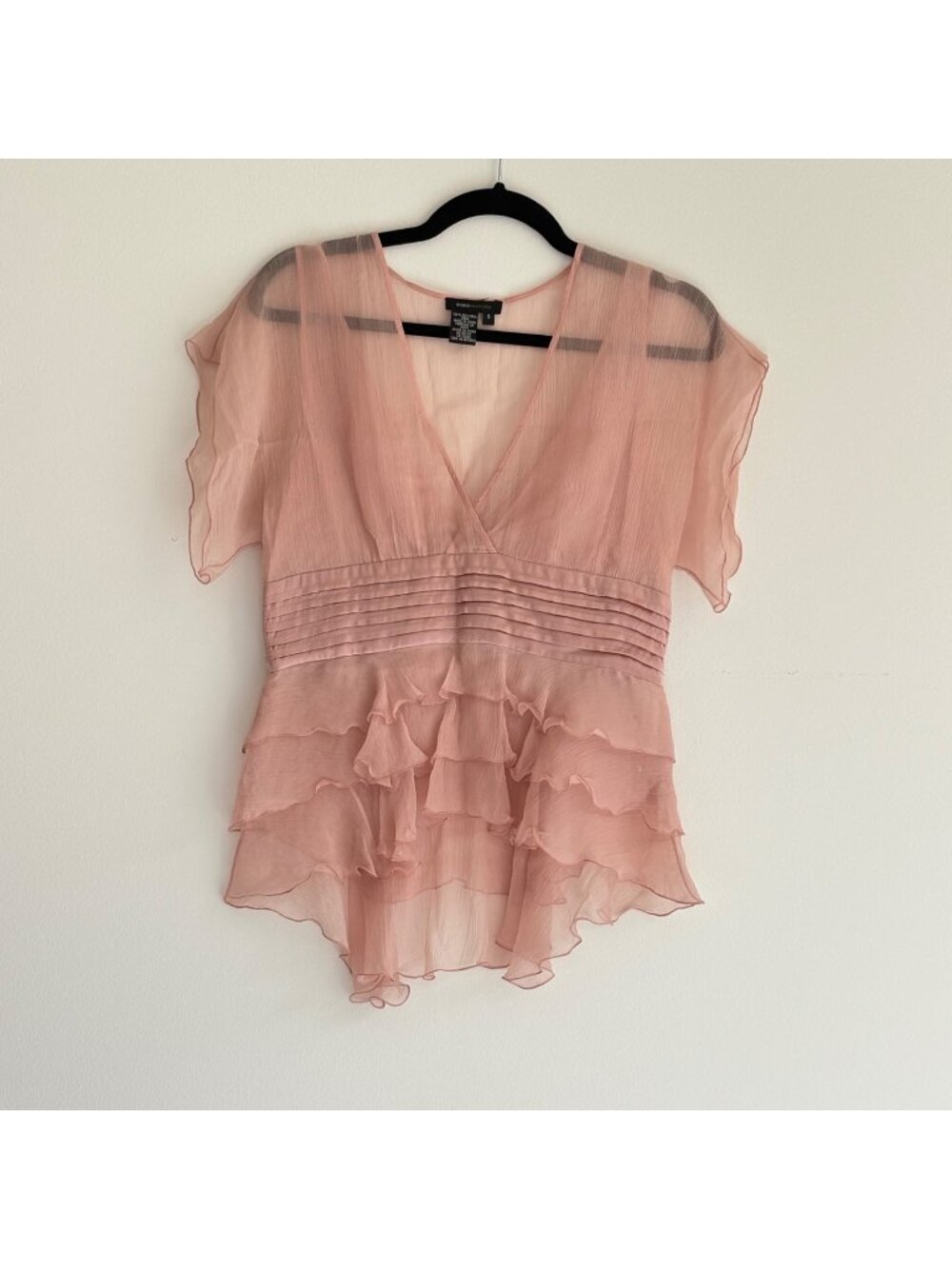 BCBGMAXAZRIA Silk Ruffle Blouse Blush Pink Y2K Flutter Sleeve Romantic
